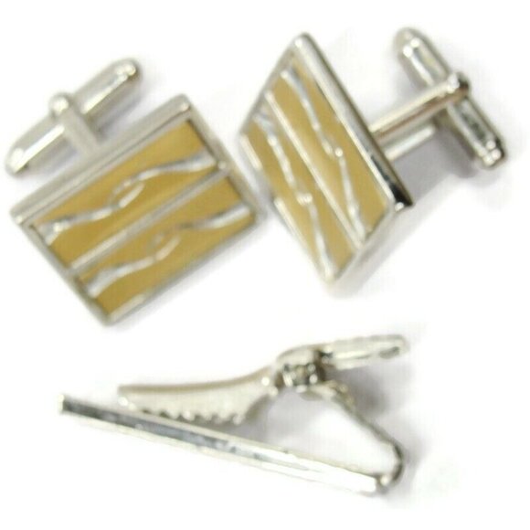 Anson Cufflinks Neck Tie Clip Set Two Tone Brushed Tux Shirt Dress Suit Vintage - Picture 4 of 8